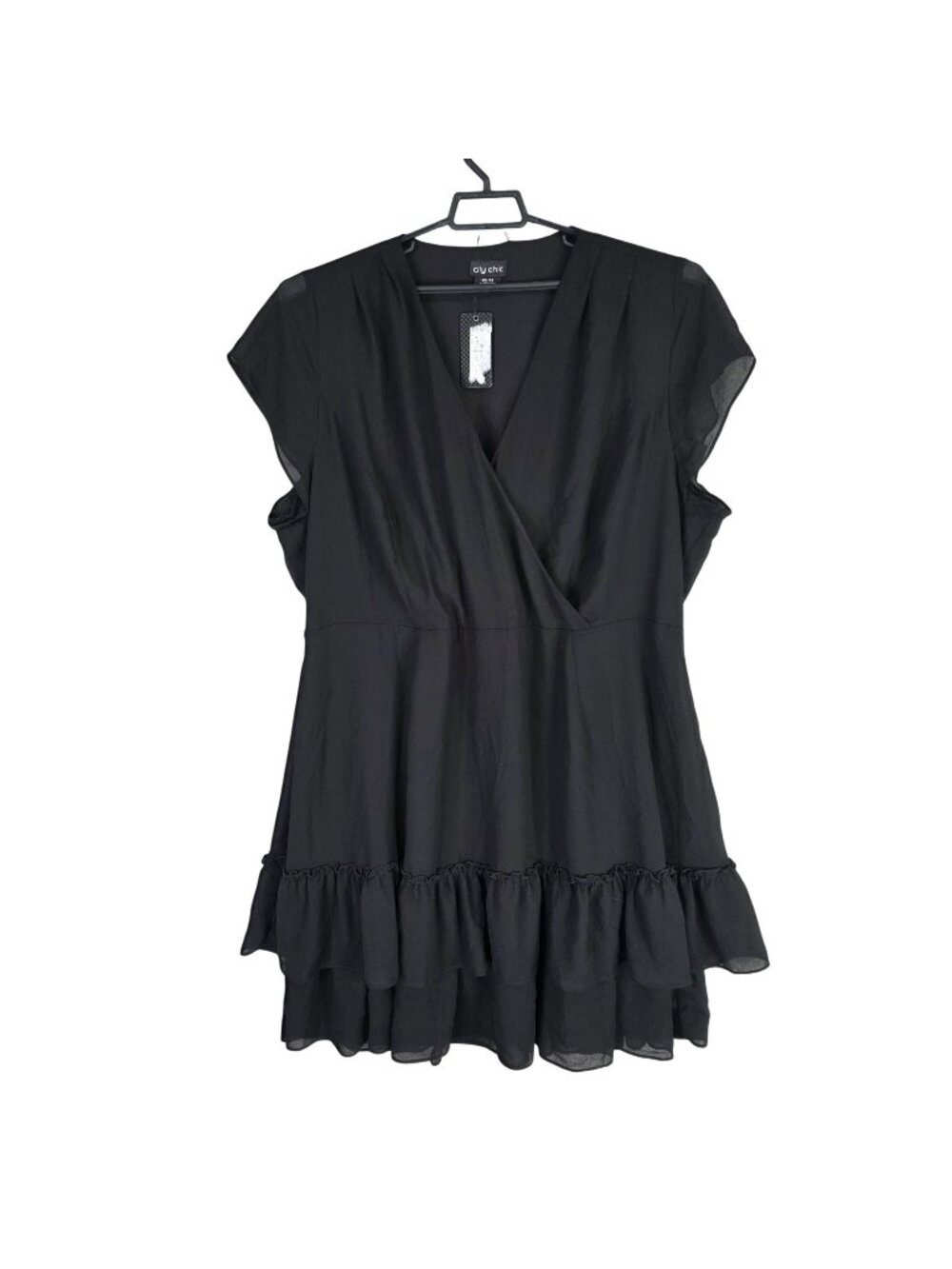 Womens City Chic Black Ruffle Hem Wrap Dress V-Neck 100% Polyester Size XXL
